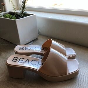 BEACH by Matisse|Neutral tan patent slip on platform square toe chunky sandals•